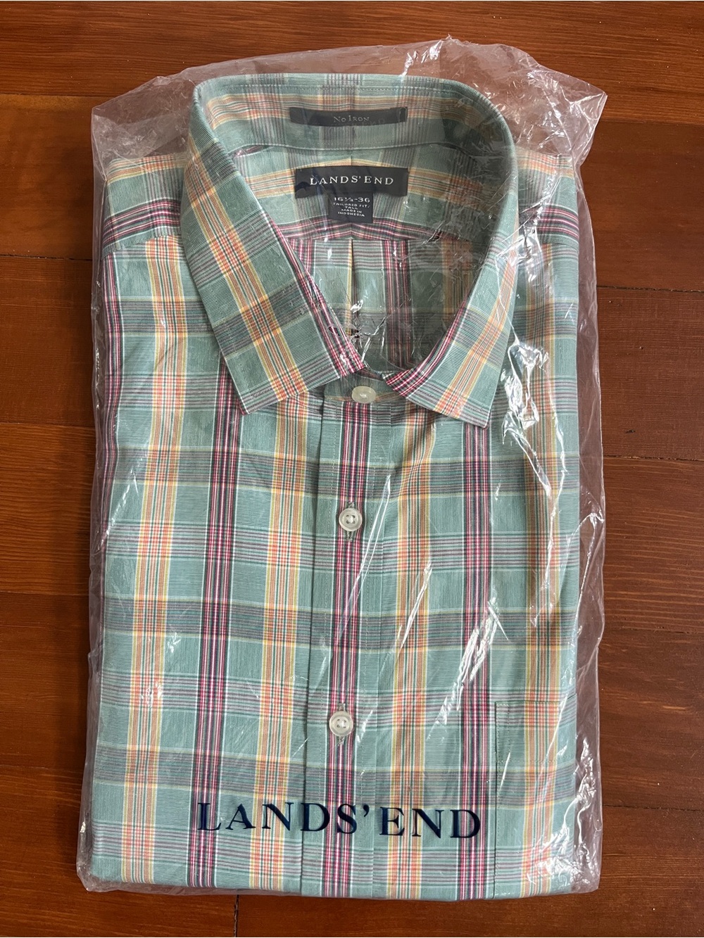 NWT Lands' End Men's Plaid Button-Down Shirt - Green, Yellow, Pink Size 16.5-36